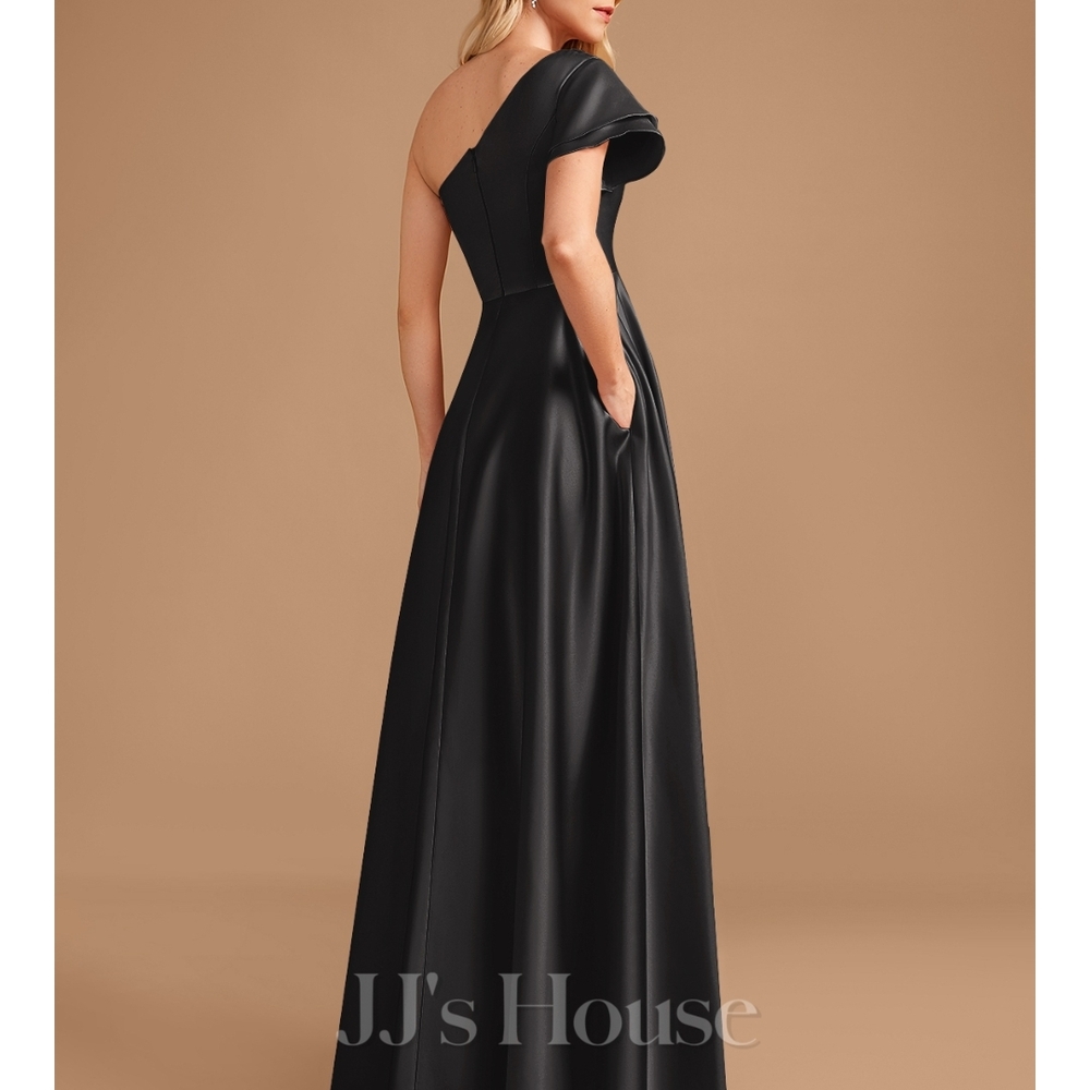 A-line One Shoulder Floor-Length Satin Bridesmaid/ Formal Dress - Picture 2 of 12